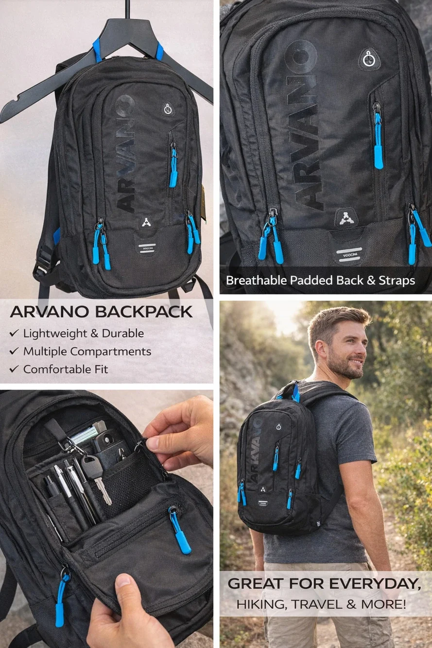 Arvano Backpack – Black with Blue Accents | Lightweight & Multi-Compartment